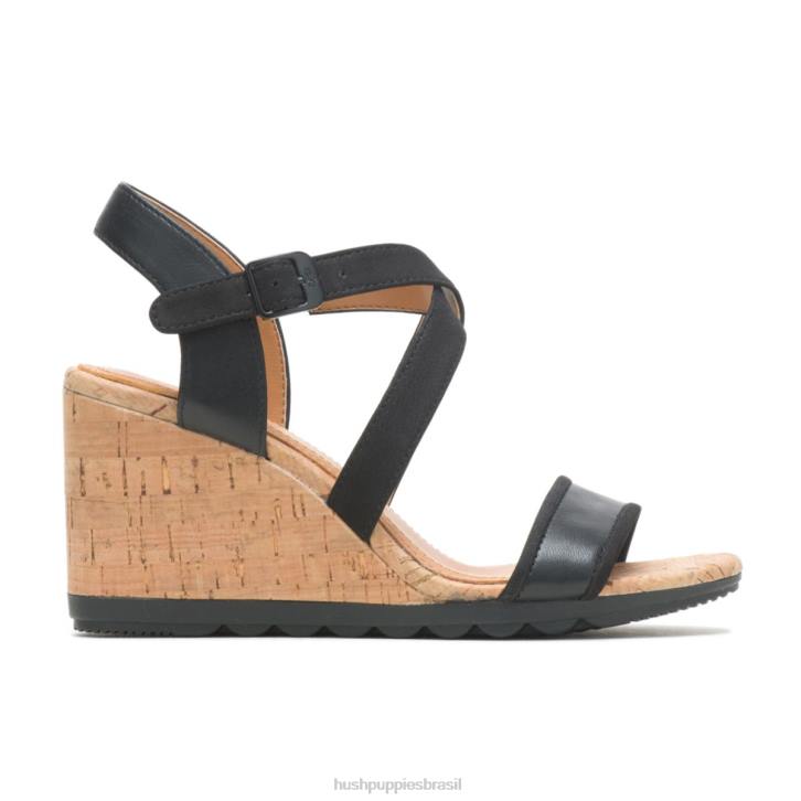 couro preto ousado sandália meia tira pequinês mulheres Hush Puppies salto ZZ6R106