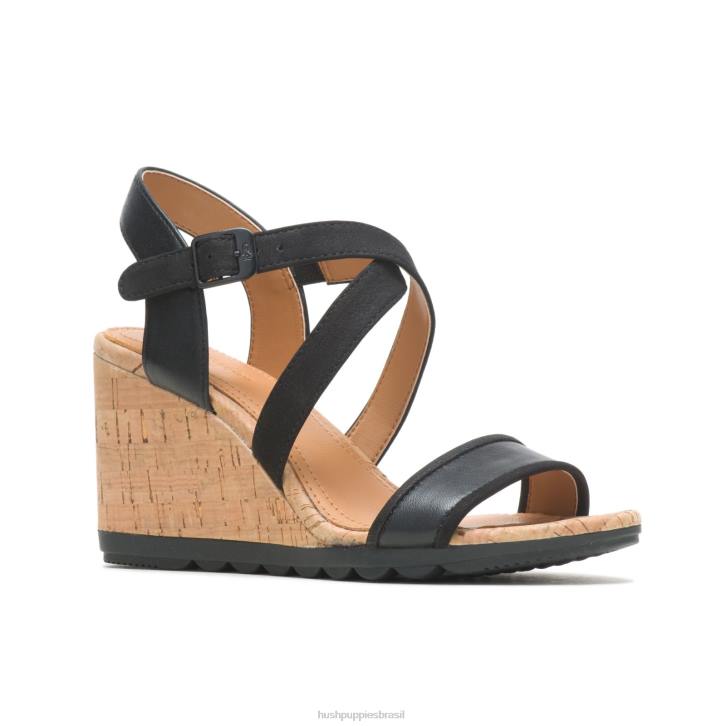 couro preto ousado sandália meia tira pequinês mulheres Hush Puppies salto ZZ6R106