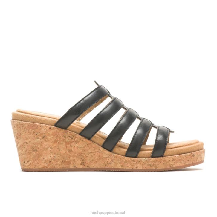 couro preto ousado sandália salgueiro mulheres Hush Puppies salto ZZ6R11