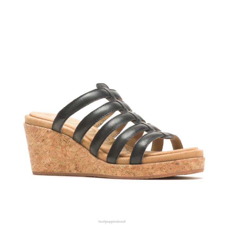 couro preto ousado sandália salgueiro mulheres Hush Puppies salto ZZ6R11