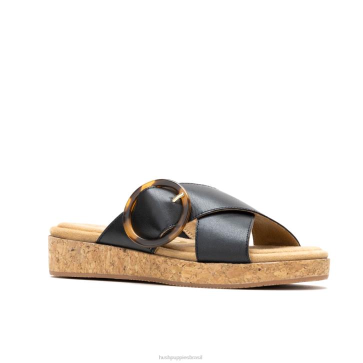 couro preto ousado sandália com fivela June mulheres Hush Puppies sandália ZZ6R1