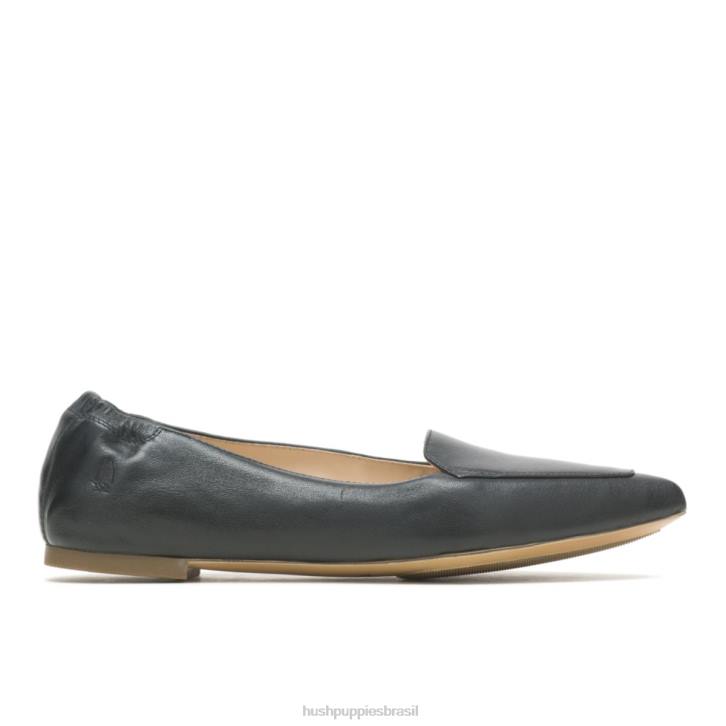 couro preto ponta avelã plana mulheres Hush Puppies sapatos rasos ZZ6R49
