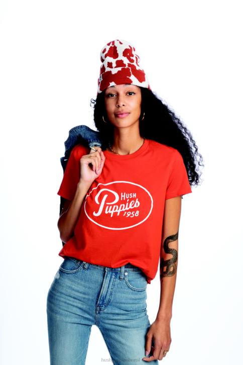 laranja queimado camiseta gráfica com script retrô mulheres Hush Puppies Camisetas ZZ6R240